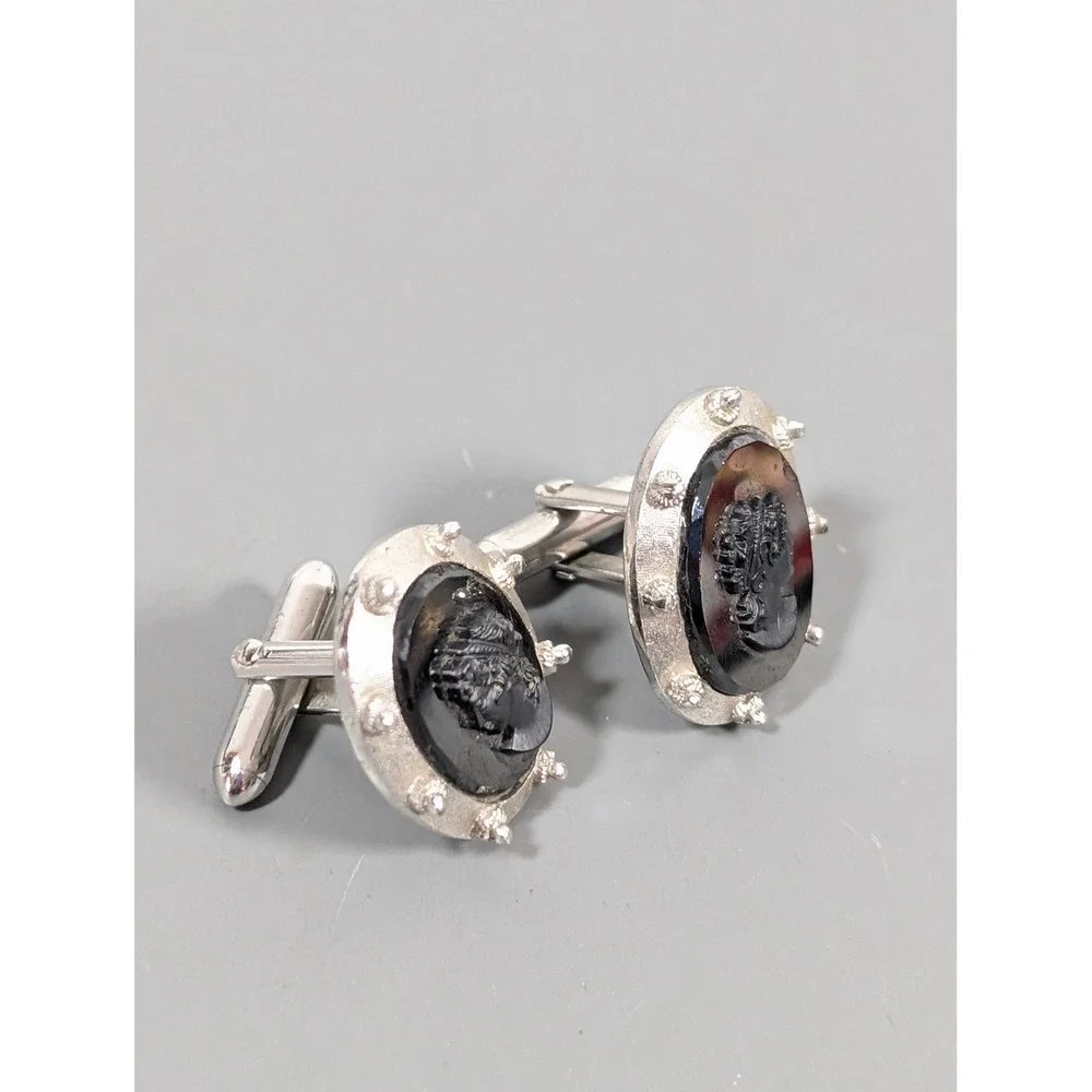 Vintage Swank Hematite Cameo‎ Cufflinks Silver Tone Gray Stone Bullet Back